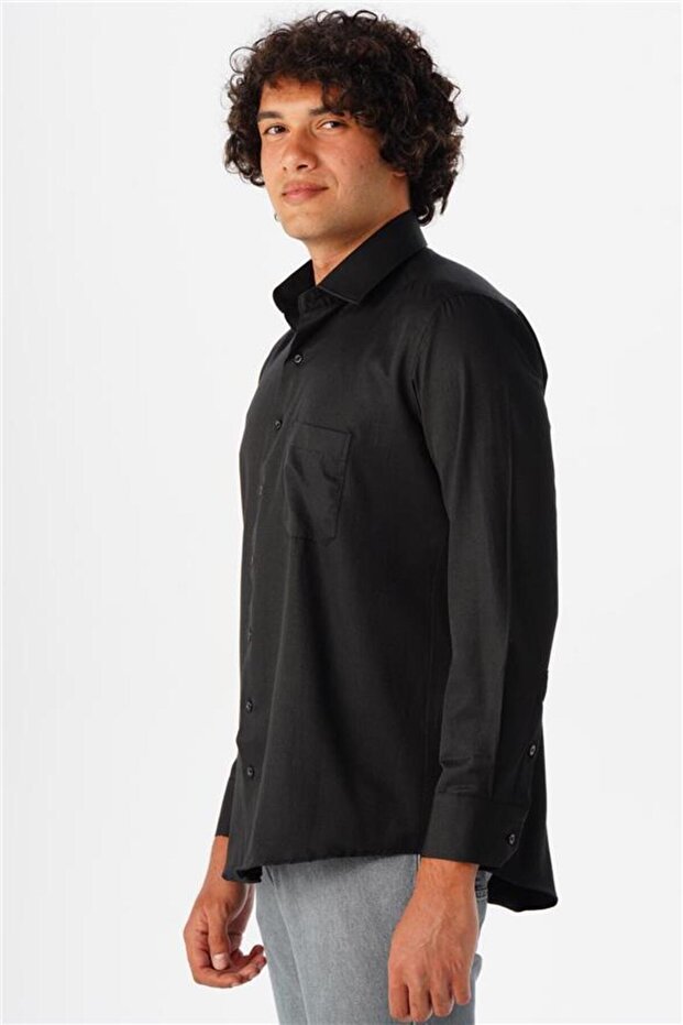 Siyah Regular Armürlü Klasik Yaka Gömlek - 2