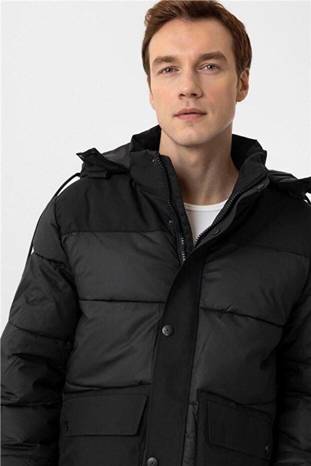 Siyah Slim Kapitone Mont - 5
