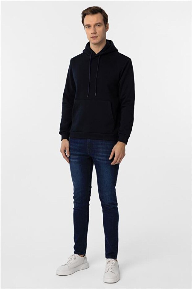 Lacivert Regular Düz Kapüşonlu Yaka Triko - 6