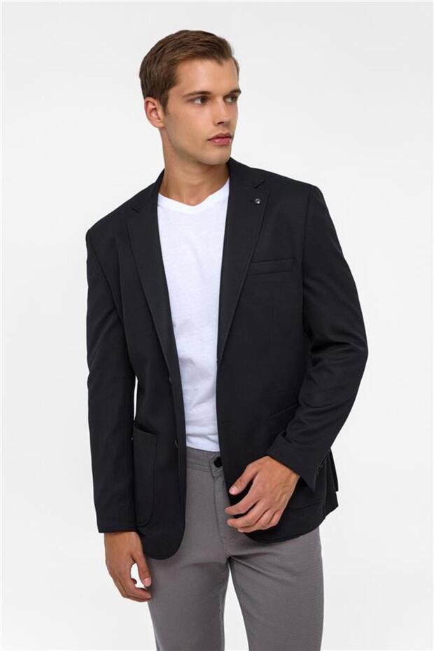 Siyah Regular Desenli Mono Yaka 6 Drop Ceket - 1