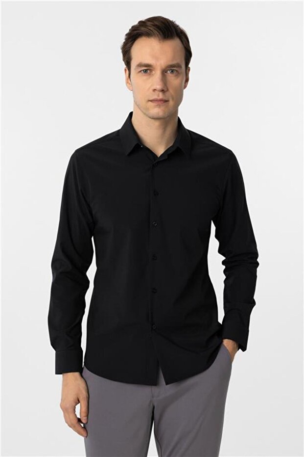 Köşeli Manşet Slim Düz Gömlek - 2