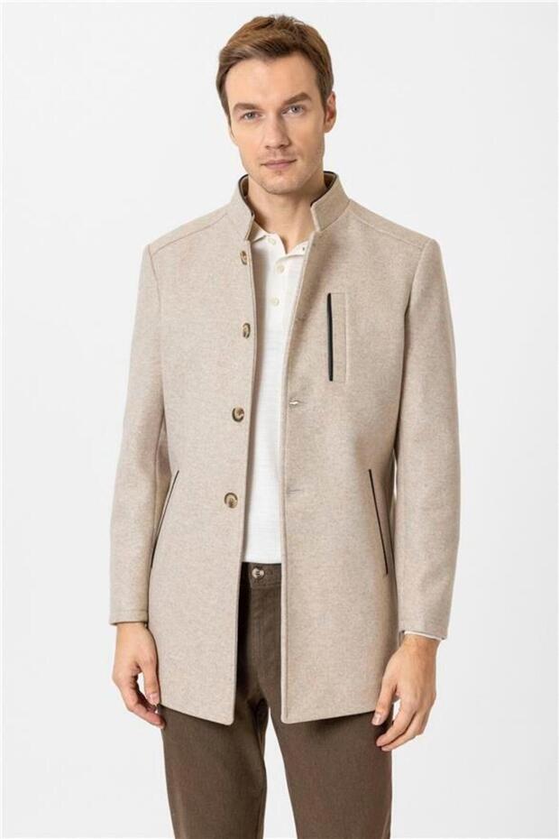 Bej Regular Düz Hakim Yaka Kaban - 2