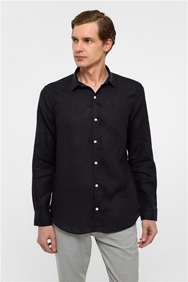 Siyah Regular Düz Klasik Yaka Gömlek - 3
