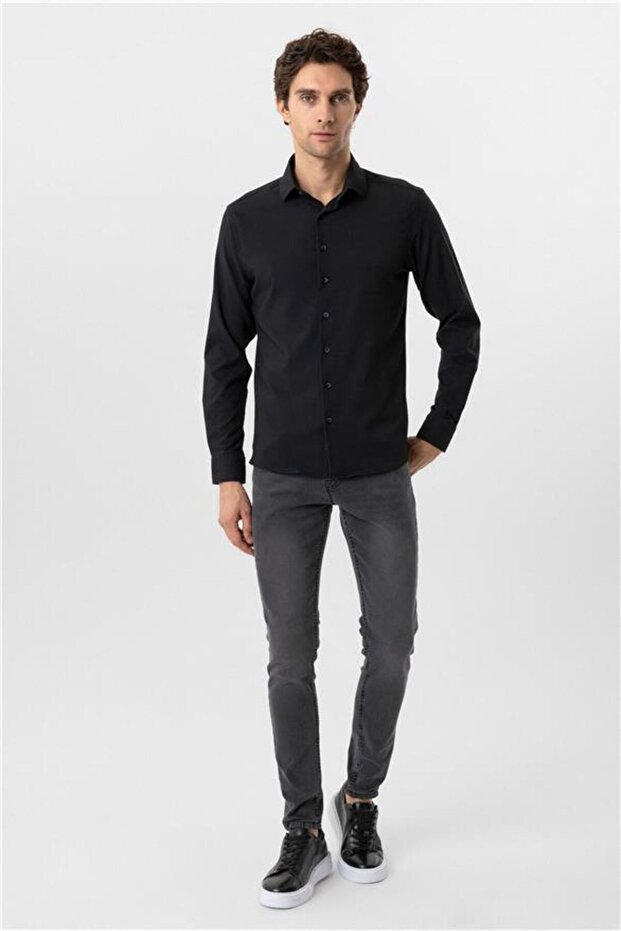 Köşeli Manşet Slim Düz Gömlek - 3