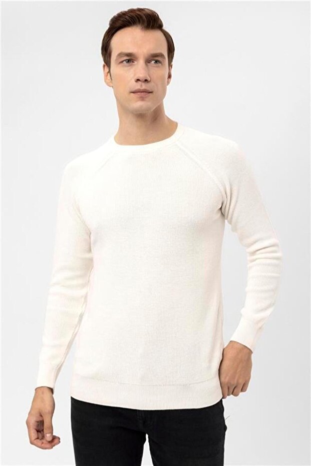 Ekru Regular Armürlü Bisiklet Yaka Triko - 3