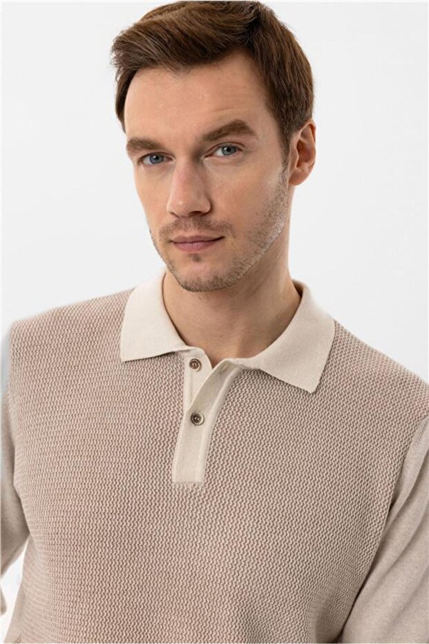 Bej Regular Armürlü Polo Yaka Triko - 5