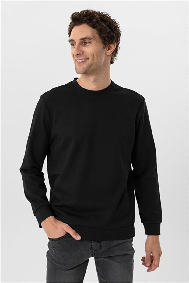 Siyah Regular Düz Bisiklet Yaka Triko - 1