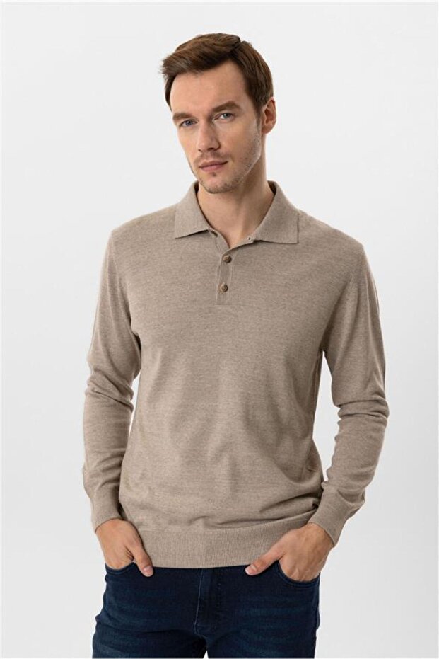 Bej Regular Düz Polo Yaka Triko - 2