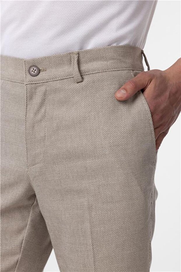 Bej Regular Armürlü Pantolon - 4