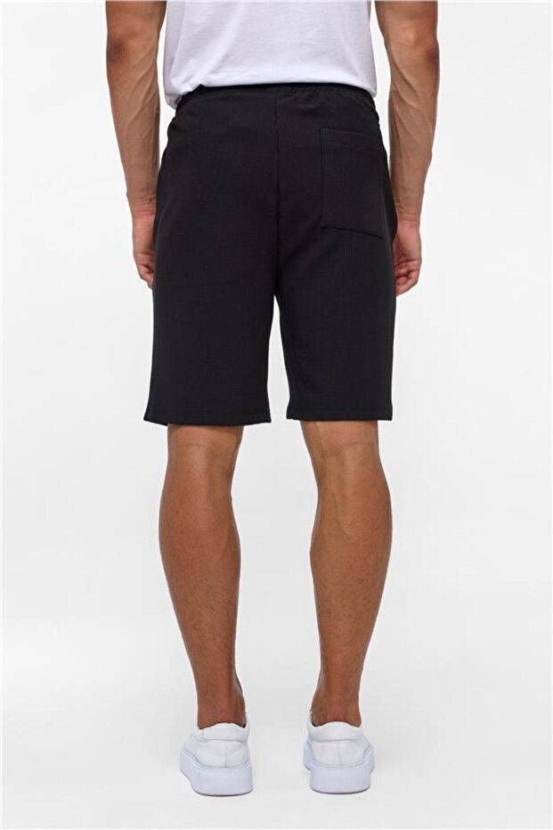 Siyah Regular Armürlü Örme Şort - 5