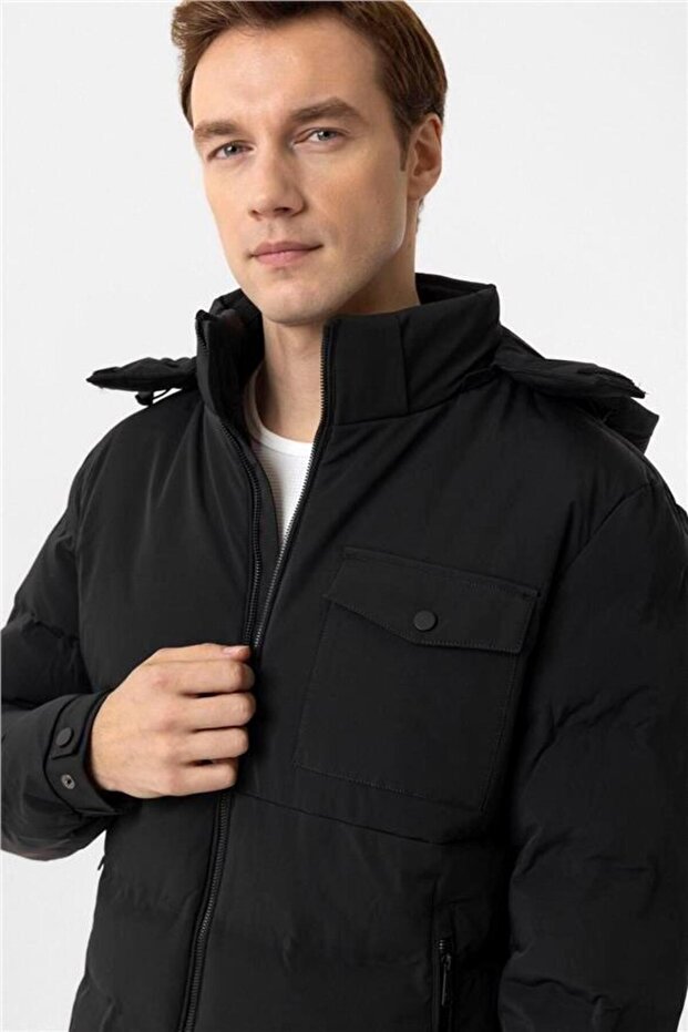 Siyah Slim Kapitone Mont - 4