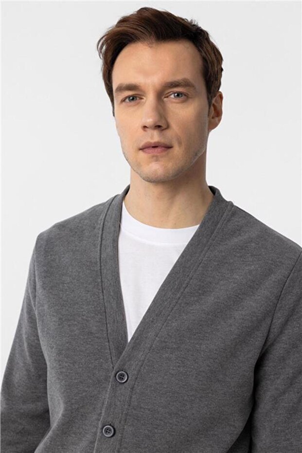 Gri Regular Armürlü V Yaka Hırka - 3