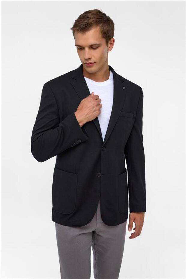 Siyah Regular Desenli Mono Yaka 6 Drop Ceket - 2