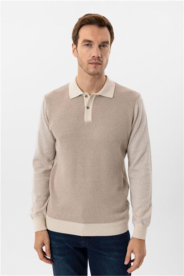 Bej Regular Armürlü Polo Yaka Triko - 2