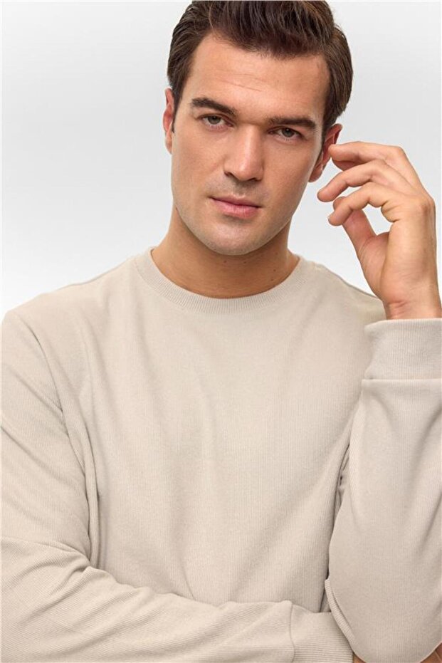 Ekru Regular Düz Bisiklet Yaka Sweatshirt - 3