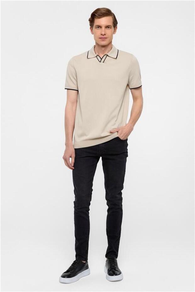 Bej Regular Düz Polo Yaka Triko - 7