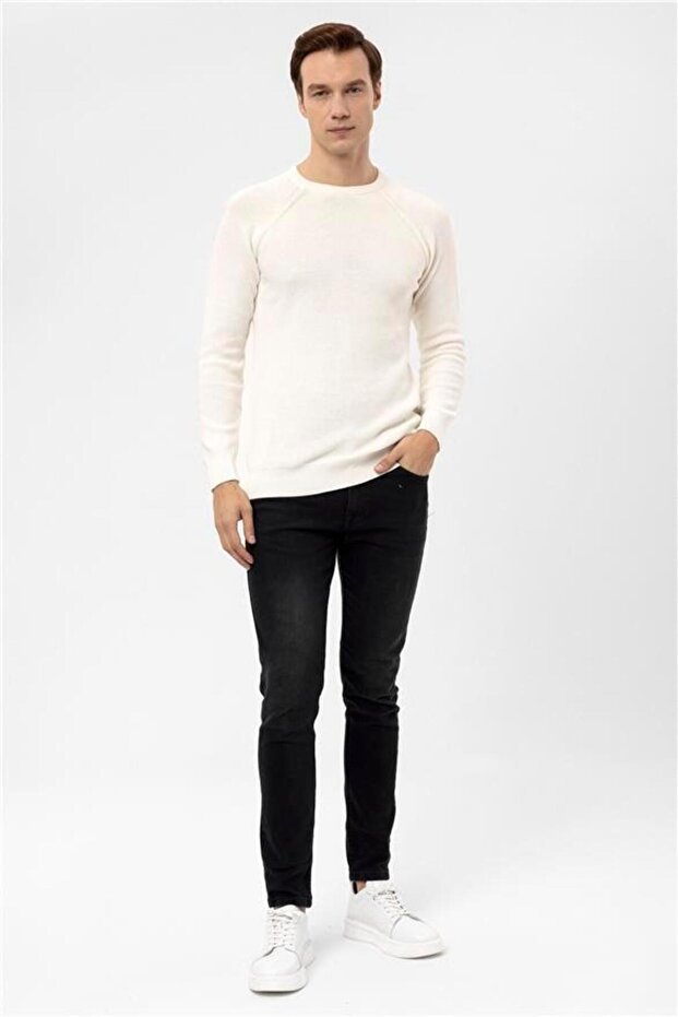 Ekru Regular Armürlü Bisiklet Yaka Triko - 4