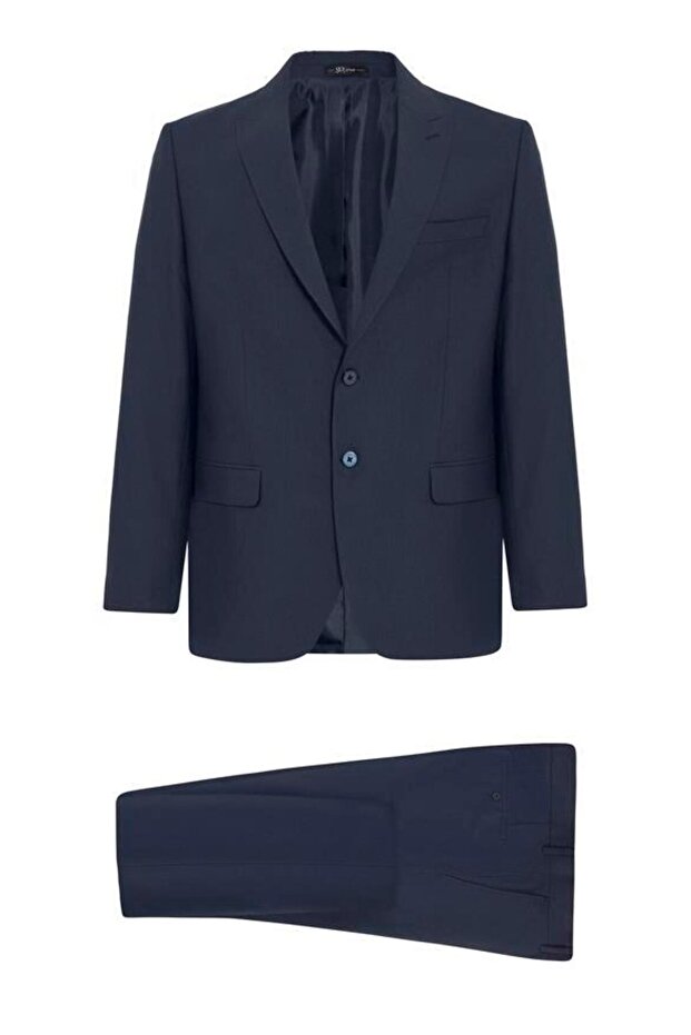 بدلة زرقاء داكنة منقوشة عادية بياقة بأزرار على الجهتين و4 أزرار - 1