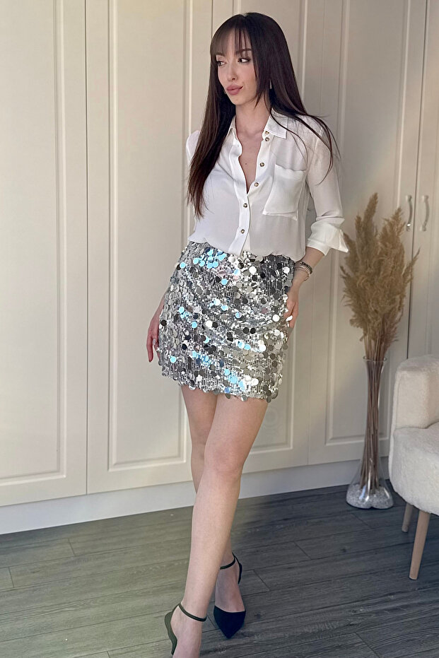 Şık Pullu Mini Gümüş Etek - 3