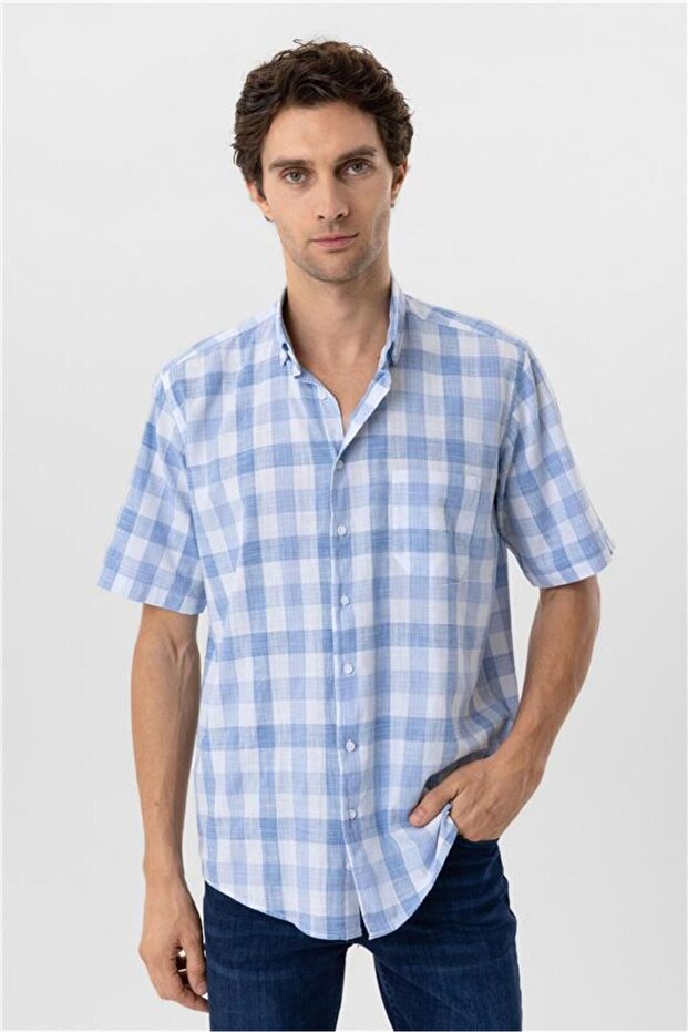 Buz Mavi Regular Düz Düğmeli Yaka Gömlek - 1