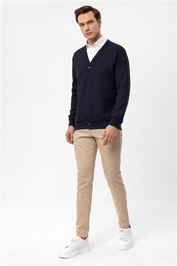 Lacivert Regular Kapitone Düğmeli Yaka Hırka - 2