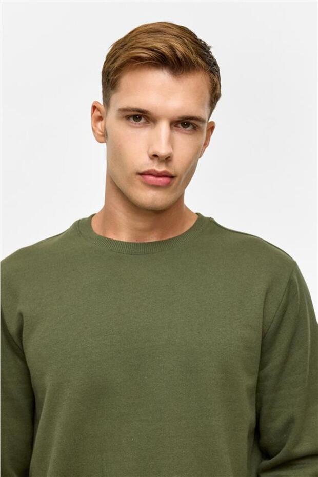 Haki Regular Düz Bisiklet Yaka Sweatshirt - 4