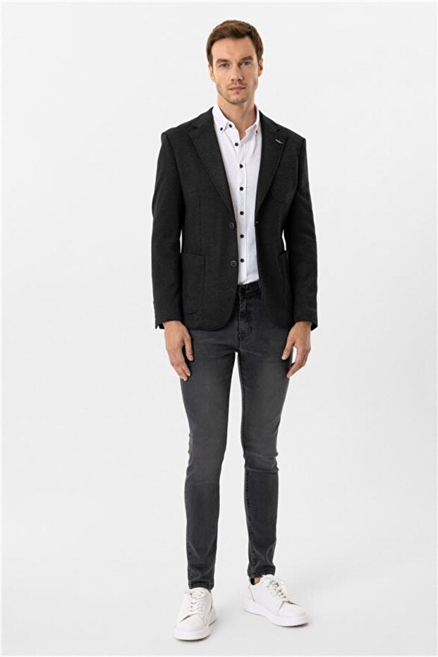 Siyah Slim Mono Yaka 6 Drop Ceket - 4