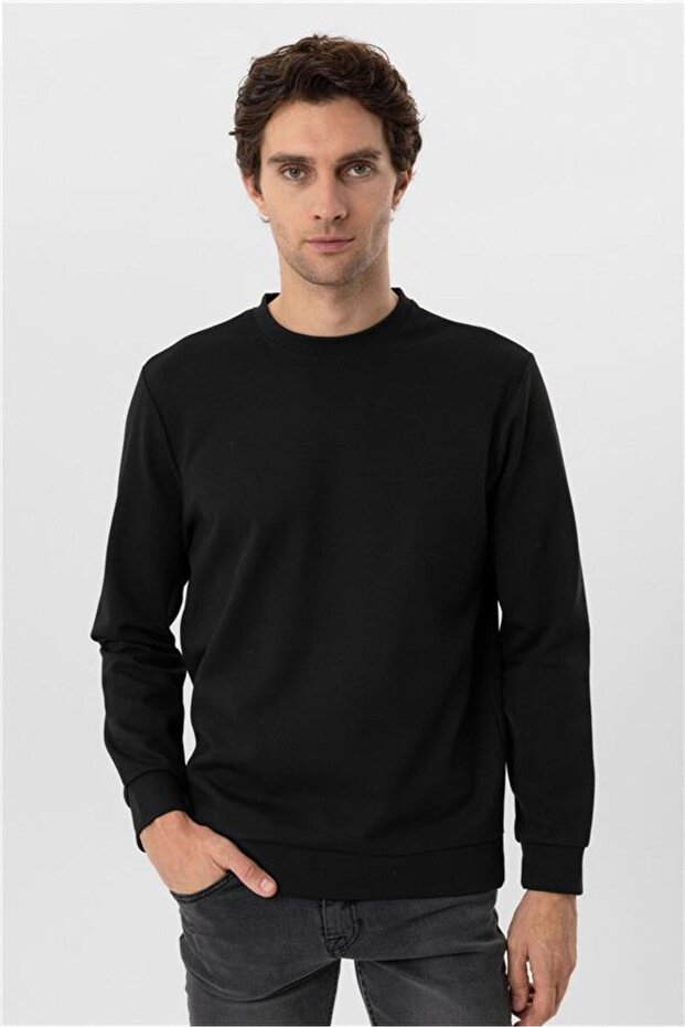 Siyah Regular Düz Bisiklet Yaka Triko - 2