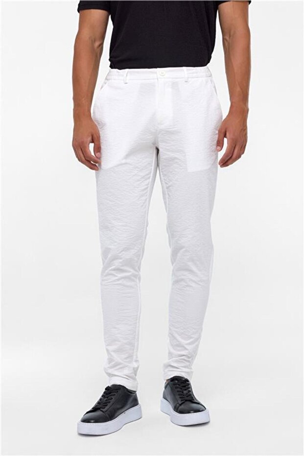 Beyaz Slim Armürlü Jogger Pantolon - 2