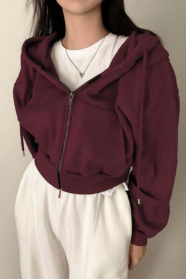 Burgundy Crop Top Thick Fabric Hooded Crop Cardigan