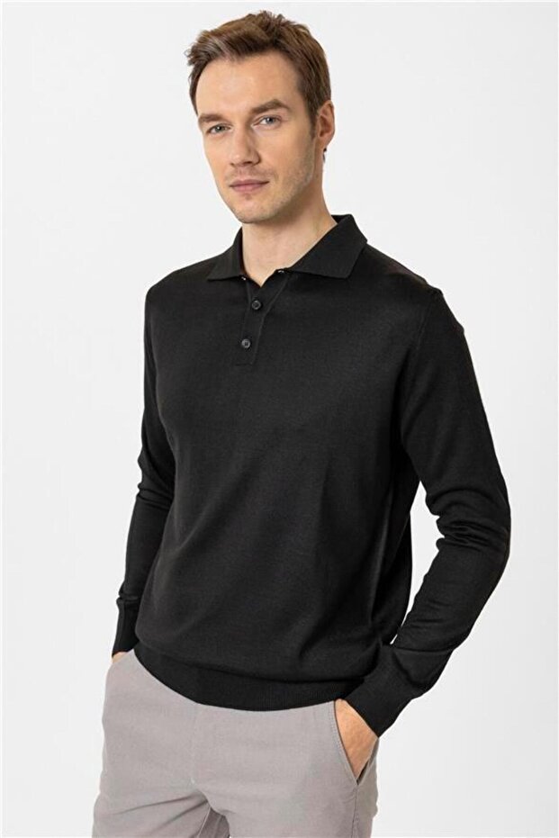 Siyah Regular Düz Polo Yaka Triko - 2