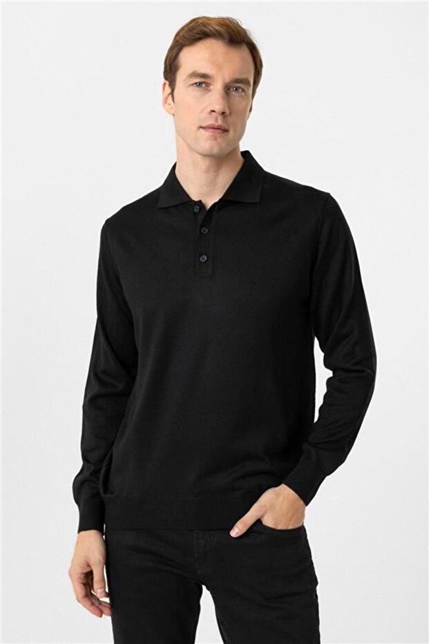 Siyah Regular Düz Polo Yaka Triko - 2