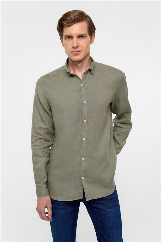 Haki Regular Düz Klasik Yaka Gömlek - 2