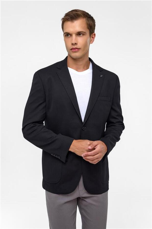 Siyah Regular Desenli Mono Yaka 6 Drop Ceket - 3