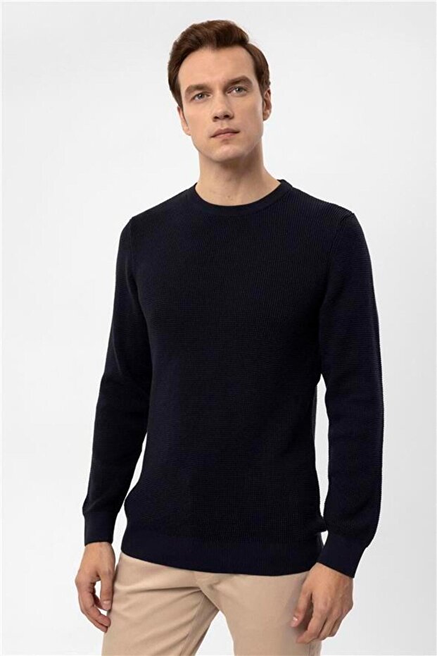 Lacivert Regular Armürlü Bisiklet Yaka Triko - 3