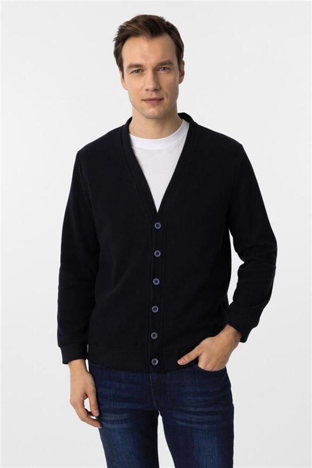 Lacivert Regular Armürlü V Yaka Hırka - 1