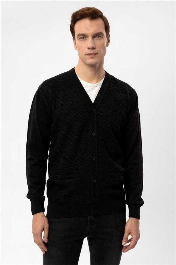 Siyah Regular Armürlü Düğmeli Yaka Hırka - 1