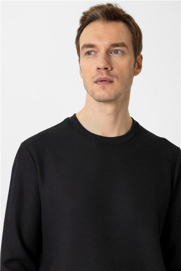 Siyah Regular Armürlü Bisiklet Yaka Triko - 2