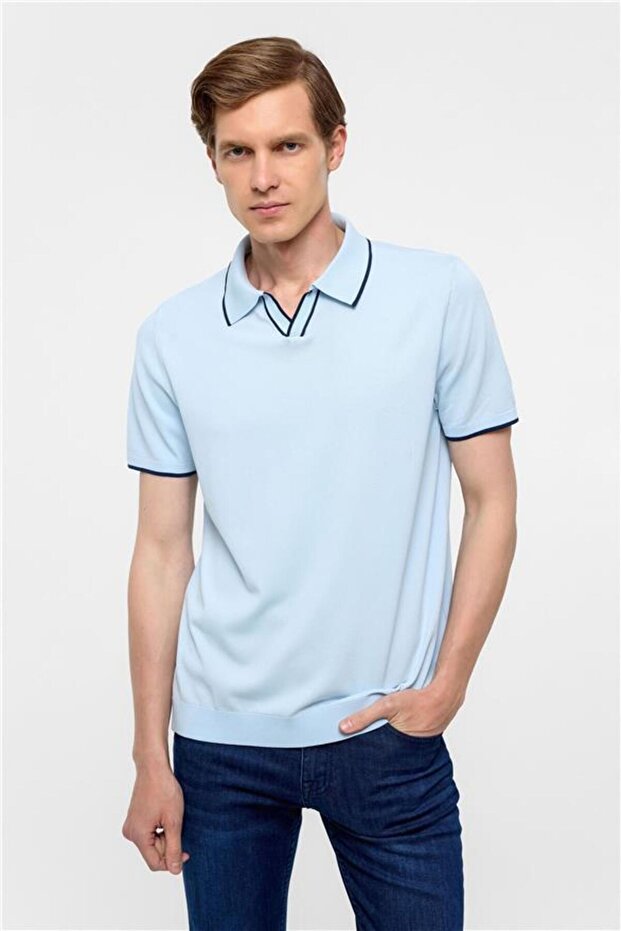 Buz Mavi Regular Düz Polo Yaka Triko - 1