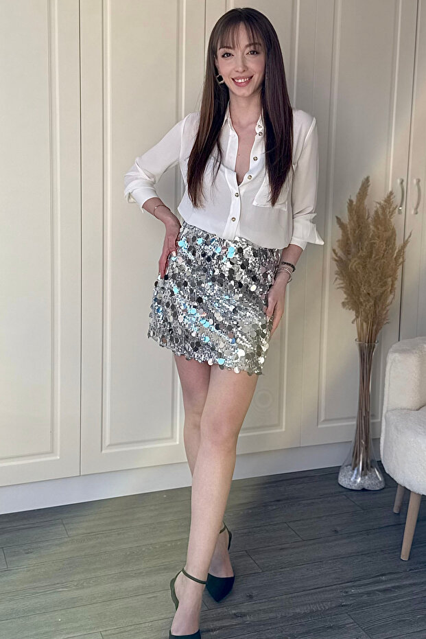 Şık Pullu Mini Gümüş Etek - 6