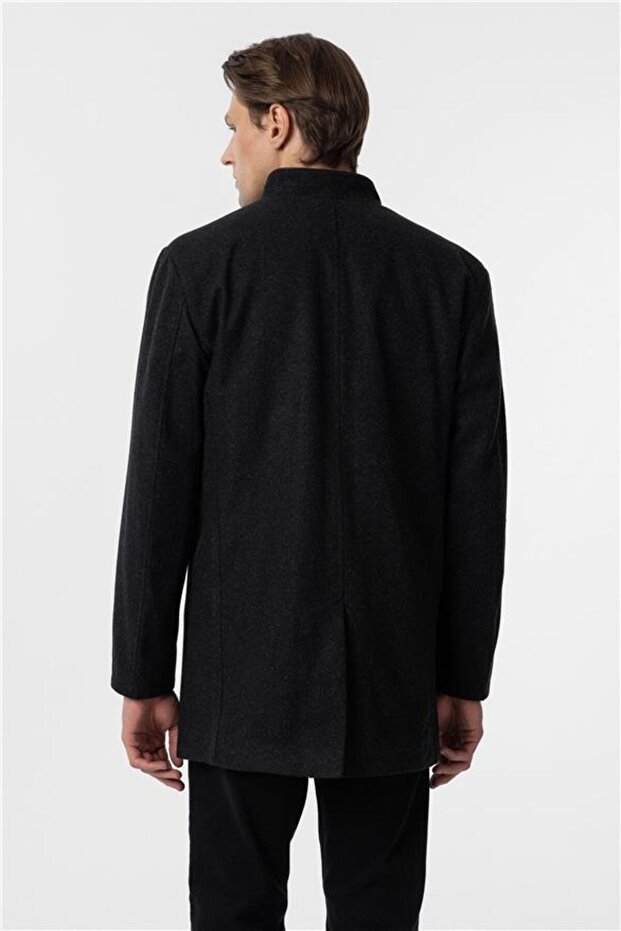 Siyah Regular Düz Hakim Yaka Kaban - 5