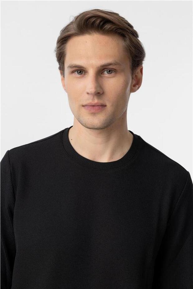 Siyah Regular Armürlü Bisiklet Yaka Triko - 5