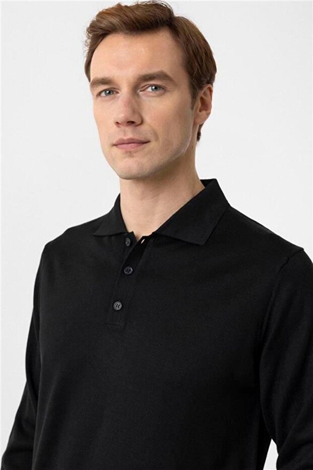 Siyah Regular Düz Polo Yaka Triko - 5