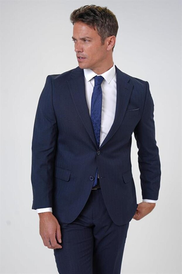 Lacivert Regular Armürlü Sivri Yaka 4 Drop Takım Elbise - 3