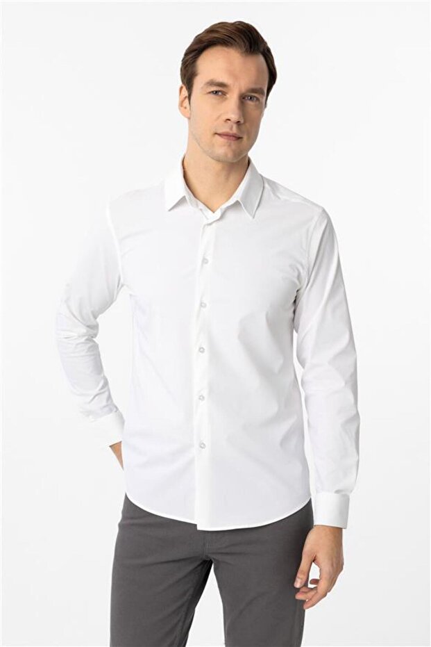 Köşeli Manşet Slim Düz Gömlek - 2