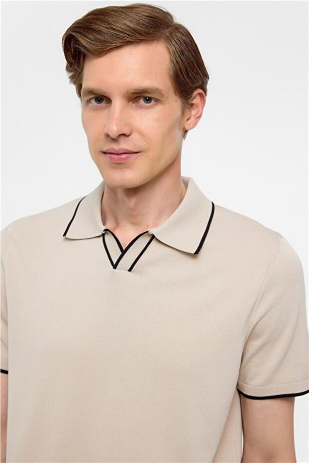 Bej Regular Düz Polo Yaka Triko - 3