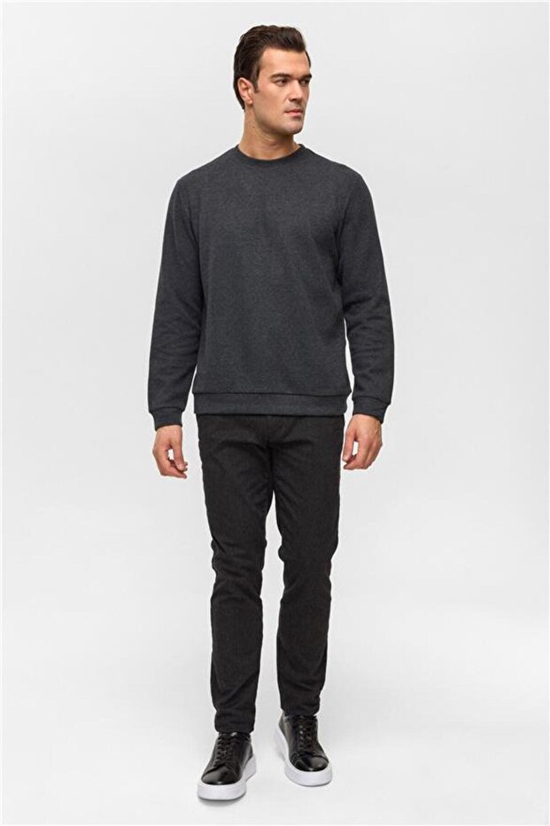 Antrasit Regular Düz Bisiklet Yaka Sweatshirt - 5