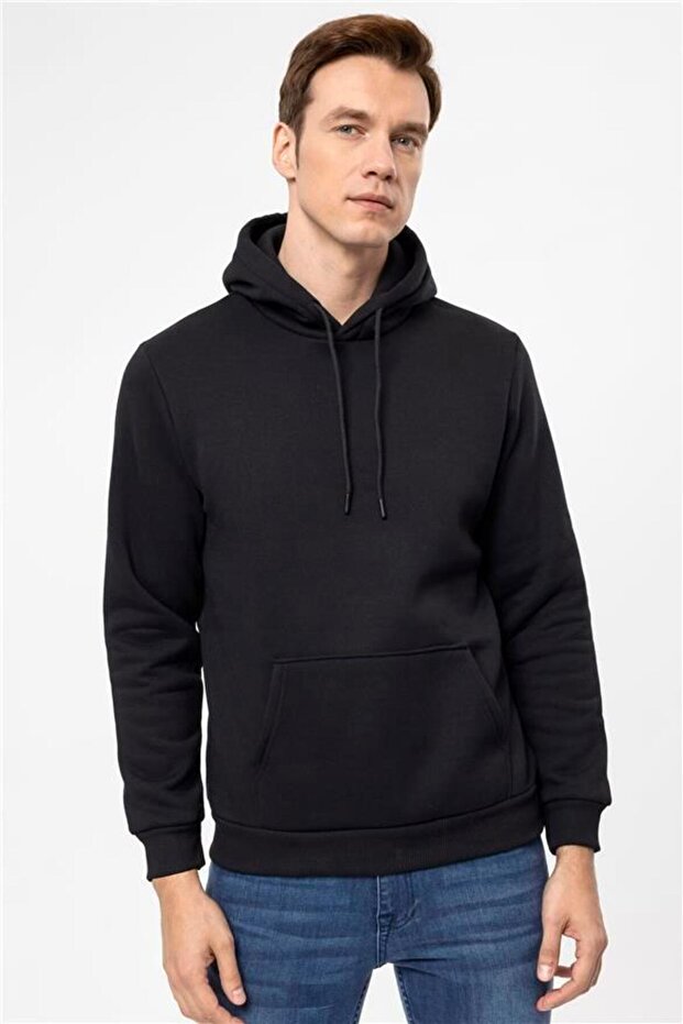 Siyah Regular Düz Kapüşonlu Yaka Sweatshirt - 7