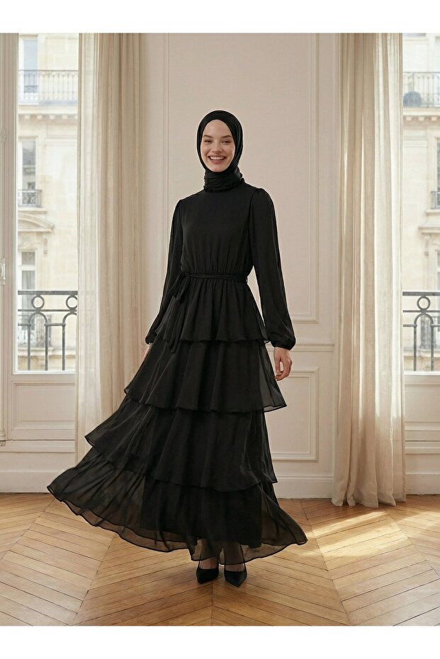 Rochie hijab cu volane - Negru - - 1