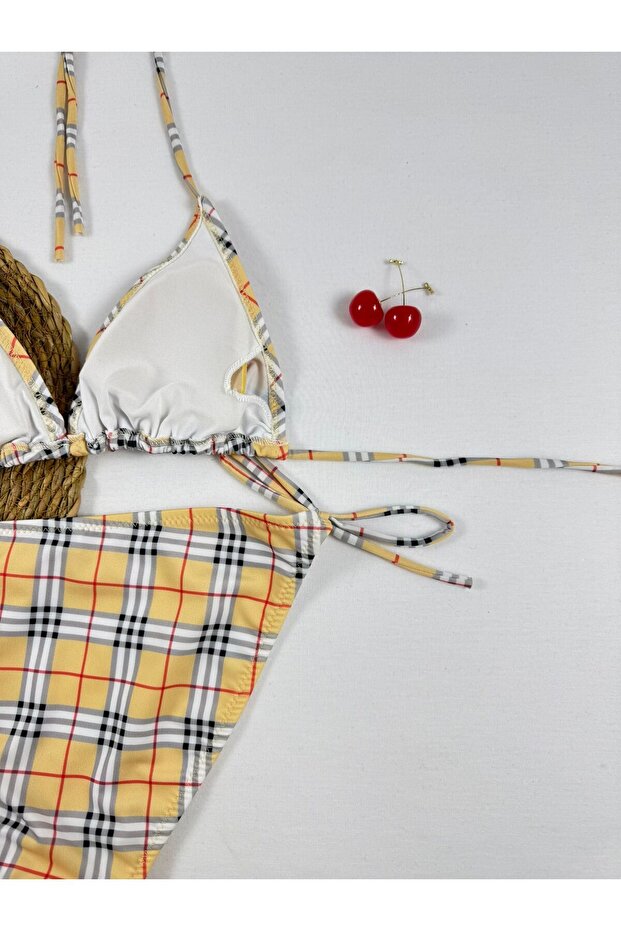 Plaid Pattern Yellow Bikini Set - 5